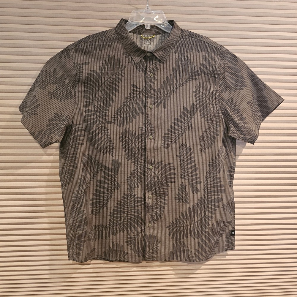 Roark Bless Up Shirt Mens XL Gray Palm Leaf Perforated Stretch Short Sleeves